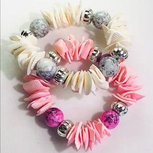 Set of 2 Sea Shells Stretch Bracelets Pink White